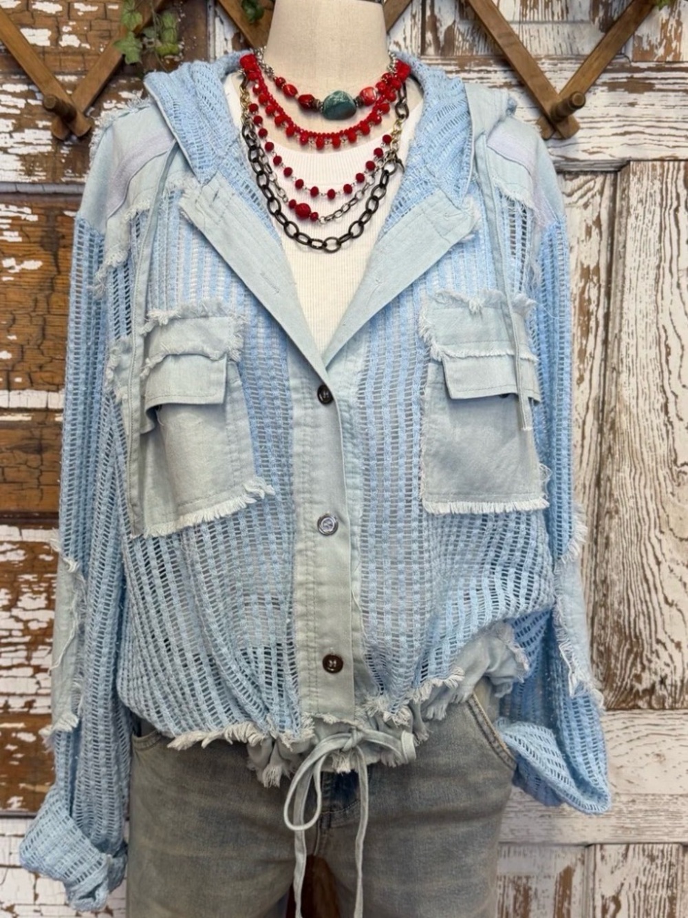 POL “The Bambino” frayed Light Blue Open-Knit Hooded Button-Down Shirt